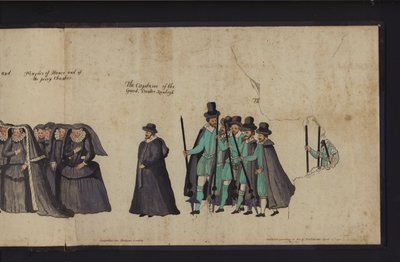 Drottning Elizabeth I:s begravningsprocession (färgad gravyr) av English School