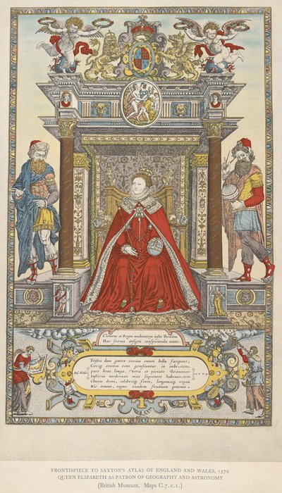 Drottning Elizabeth som beskyddare av geografi och astronomi. Frontispice till Saxtons atlas över England Wales från 1579 (färg litho) av English School