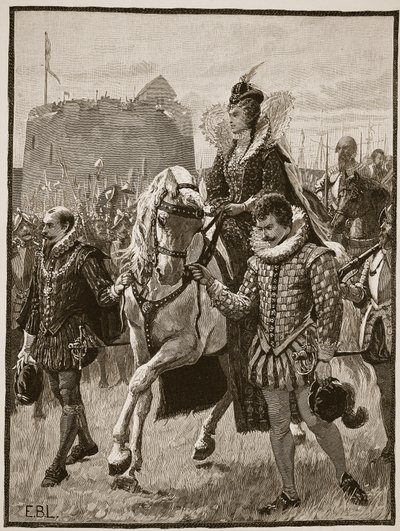 Drottning Elizabeth i Tilbury, illustration från Cassells Illustrated History of England (sepiafoto) av English School