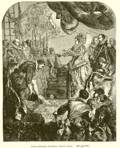 Drottning Elizabeth riddar Francis Drake av English School