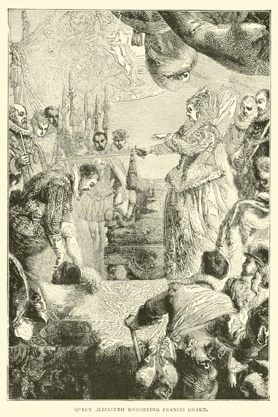 Drottning Elizabeth riddar Francis Drake av English School