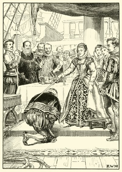 Drottning Elizabeth ombord på Golden Hind (bläck på papper) av English School