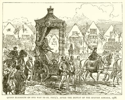 Drottning Elizabeth på väg till St. Pauls, efter den spanska armadans nederlag, 1588 av English School