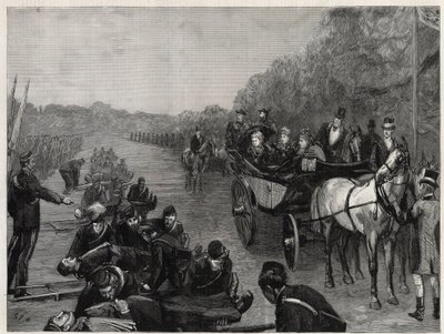 Drottning Victoria - Inspektionen av Hennes Majestät Drottningen av överste Seeys ambulanskår i Windsor Park. Illustration för The Graphic av English School
