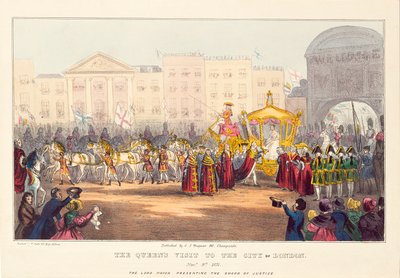 Drottning Victoria går in i staden London vid Temple Bar, graverad av G. Tregear, 1837 av English School