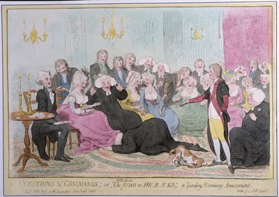 Frågor och kommandon, eller The Mistaken Road to H-r-f-rd: a Sunday Evenings Amusement, publicerad av Hannah Humphrey 1788 (handfärgad etsning) av English School