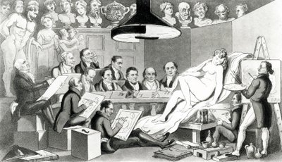 R. A.s of Genius reflekterar över skönhetens sanna linje vid Life Academy Somerset House, publicerad av Sherwood, Jones & Co., 1824 av English School