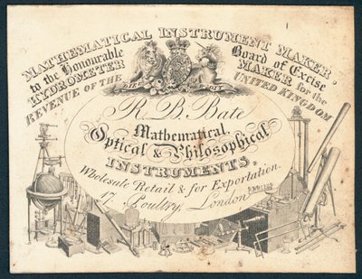 R B Bate, matematiska, optiska och filosofiska instrument, handelskort av English School