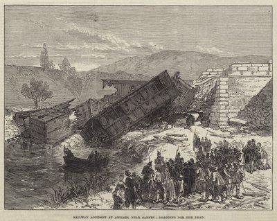 Järnvägsolycka i Antibes, nära Cannes, släpande för de döda (gravyr) av English School