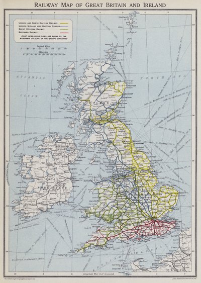 Järnvägskarta över Storbritannien och Irland (färglitografi) av English School