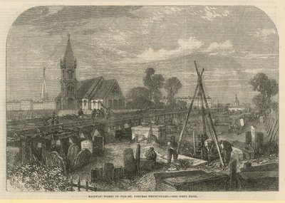 Järnvägsarbeten på Old St Pancras kyrkogård (gravyr) av English School
