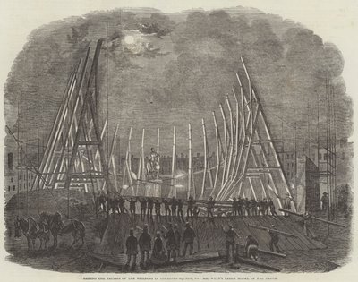 Raising the Trusses the Building in Leicester-Square, för Mr Wylds Large Model of the Earth (gravyr) av English School