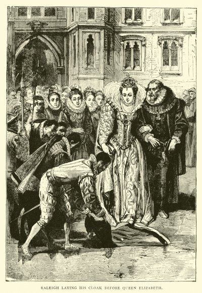 Raleigh lägger sin mantel inför drottning Elizabeth av English School