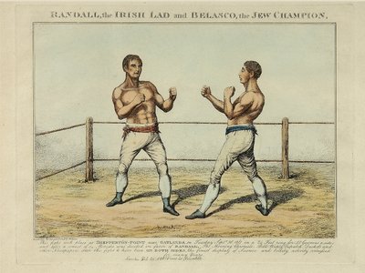 Randall, den irländska pojken och Belasco, judemästaren, graverad av Williams (färgad etsning) av English School