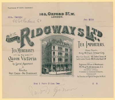 Kvitto från Ridgways, teimportörer, 182 Oxford Street, London av English School