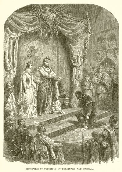 Mottagning av Columbus av Ferdinand och Isabella av English School