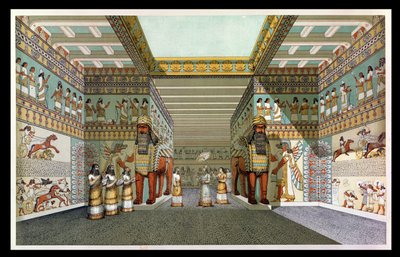 Rekonstruktion av hallen i ett assyriskt palats, från upptäckter i ruinerna av Nineve och Babylon av Austen Henry Layard (1817-94) av English School