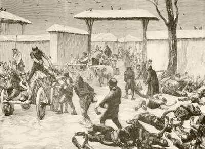 Bärande av de döda efter belägringen av Plevna, Bulgarien 1877 (litografi) av English School