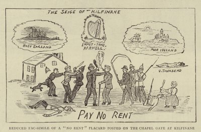 Förminskad faksimil av ett "No Rent" plakat uppsatt på kapellporten vid Kilfinane (gravyr) av English School