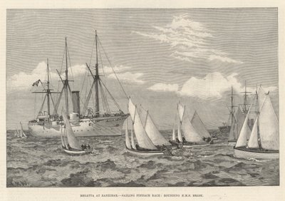 Regatta på Zanzibar, Sailing Pinnace Race, runda HMS Brisk (gravyr) av English School