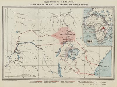 Hjälpexpedition till Emin Pasha, skiss på en karta över Centralafrika som visar de olika rutterna (färg litho) av English School