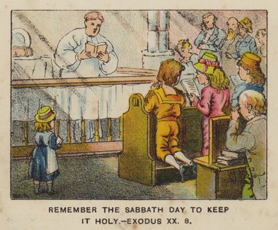 Kom ihåg sabbatsdagen för att hålla den helig, 2 Mosebok XX 8 (färg litho) av English School