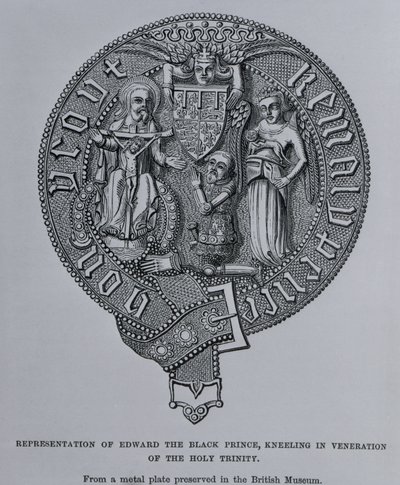 Repræsentation af Edward den sorte prins, der knæler i venering af den hellige treenighed swed av English School