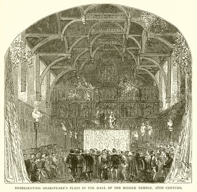 Representerar Shakespeares pjäser i Hall of the Middle Temple, 1500-talet av English School
