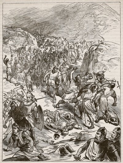 Repulse of the English at Corwen, illustration från Cassells Illustrated History of England (sepiafoto) av English School