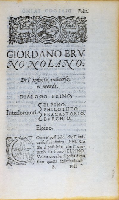 Res 28610 Första sidan av De lInfinito Universo et Mondi av Giordano Bruno, publicerad i London, 1584 (tryckt papper) av English School