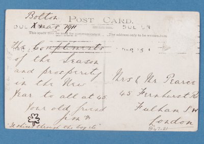 Baksidan av Bolton Wanderers FC-spelares vykort, 1911-12 av English School
