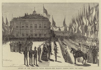 Recension av Ashantee Naval Brigade, Hennes Majestät passerar ner i leden (gravyr) av English School