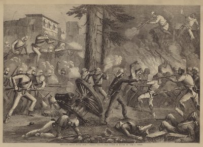 Revolted Sepoys drivna från en muromgärdad by nära Guznee de Nugger av 60th Rifles (gravyr) av English School