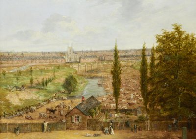 Rhobess Farm 1844 (nu Ampthill Square i Camden, London); har inskriptionen "Allt som återstod under år 1844 av den en gång hyllade Rhobess Farm Hampstead Road nu Ampthill Square" (på etiketten tergo); olja på panel; 33 x 45,5 cm av English School