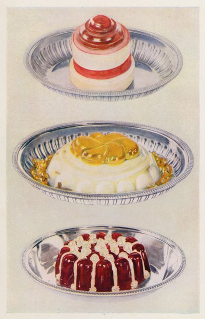 Ribbon Jelly; Venus Pudding; Wine Jelly och Cream (färglitografi) av English School