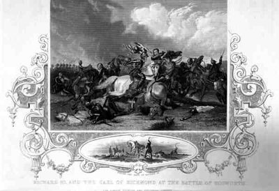 Richard III och jarlen av Richmond i slaget vid Bosworth (gravyr) av English School