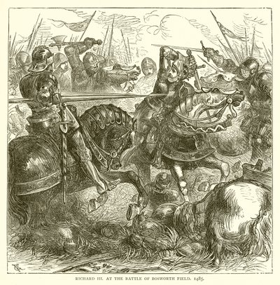 Richard III i slaget vid Bosworth Field, 1485 av English School