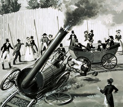 Richard Trevithick byggde en liten cirkulär järnväg i London för att introducera människor till tågresor (gouache på papper) av English School