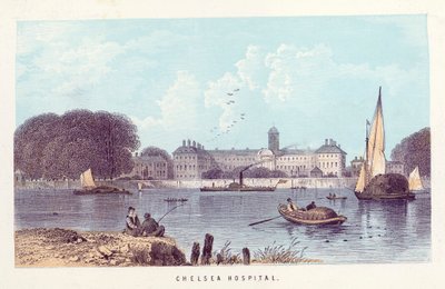 Themsen: Chelsea Hospital (färgad gravyr) av English School