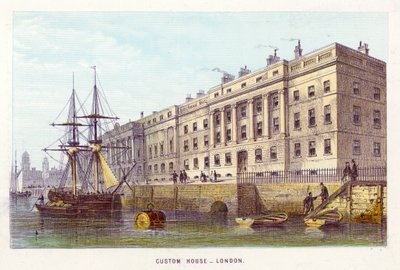 Themsen: Custom House, London (färgad gravyr) av English School