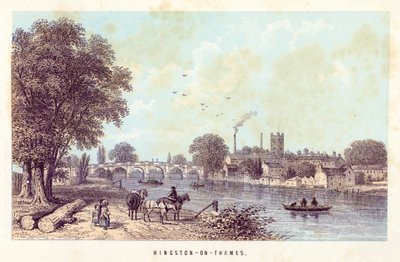 Themsen: Kingston-on-Thames (färgad gravyr) av English School
