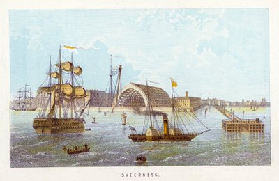 Themsen: Sheerness (färgad gravyr) av English School