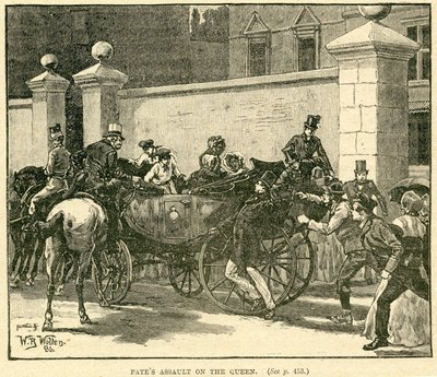 Robert Pates Striking the Queen utanför Cambridge House, illustration hämtad från The Life and Times of Queen Victoria, Vol. II av Robert Wilson, 1888 av English School