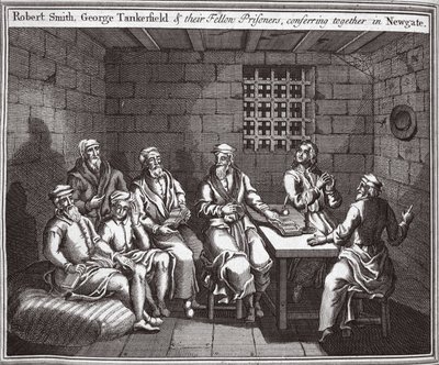 Robert Smith, George Tankerfield och deras medfångar, konfererar tillsammans i Newgate, illustration från Foxes Martyrs c.1703 av English School