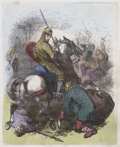 Robert ber sin fars förlåtelse (färgad gravyr) av English School