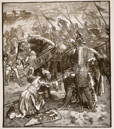 Robert ber sin far om ursäkt, illustration från Cassells Illustrated History of England (sepiafoto) av English School