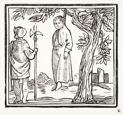 Robert hänger sig själv, illustration från Chap-books of the Eighteenth Century av John Ashton, pub. 1882 av English School