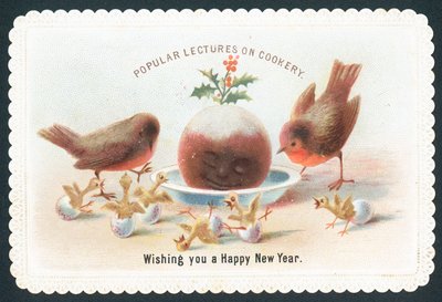 Robins och kycklingar tittar på leende plommonpudding, nyårskort av English School