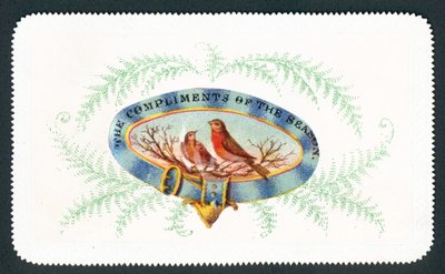 Robins sitter i oval med ormbunke surround, julkort av English School