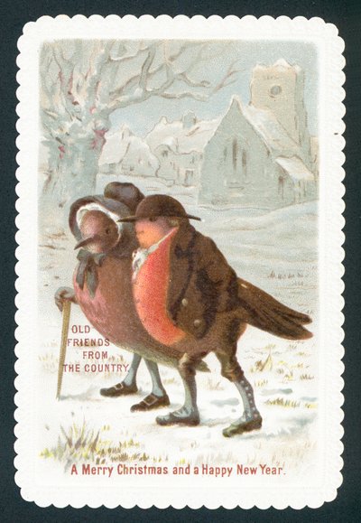 Robins bär kläder, julkort av English School